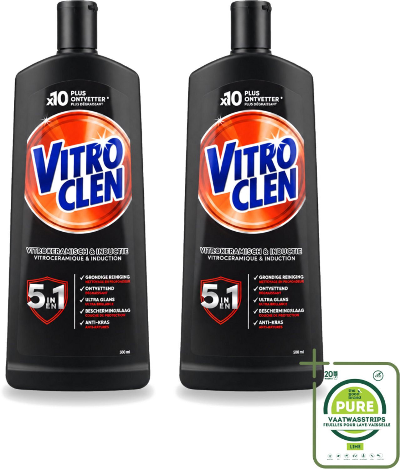 2 x Vitroclen - Kookplaatreiniger - Keramisch & Inductie - 5 in 1 - 500 ml - Grootverpakking - Vaatwasstrips - Keramische Kookplaat Reinigen - Inductiekookplaat Reinigen - Kookplaat Reiniger - Kookplaat Beschermen - Vlekken Verwijderen