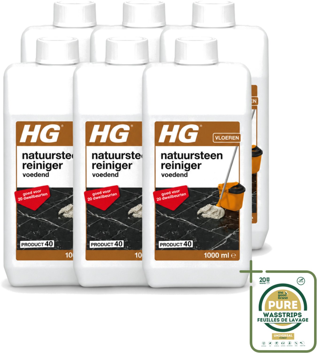 6 x HG - Natuursteenreiniger - Hydraterend - Voor Regelmatige Reiniging - 20 Dweilbeurten - 1L - Wasstrips - Natuursteen Reinigen - Marmer Reinigen - Natuursteen Voeden - Vloer Reinigen - Dweilreiniger