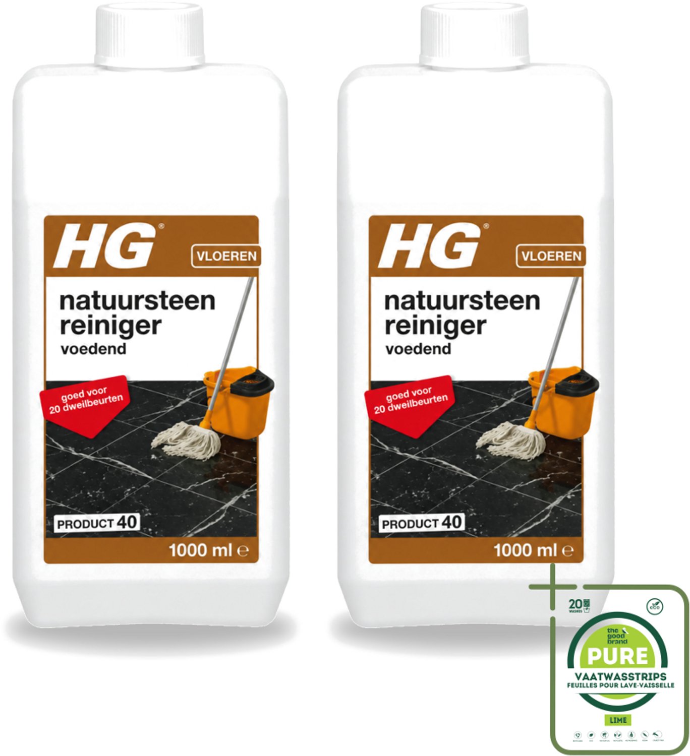 2 x HG - Natuursteenreiniger - Hydraterend - Voor Regelmatige Reiniging - 20 Dweilbeurten - 1L - Grootverpakking - Vaatwasstrips - Natuursteen Reinigen - Marmer Reinigen - Natuursteen Voeden - Vloer Reinigen - Dweilreiniger