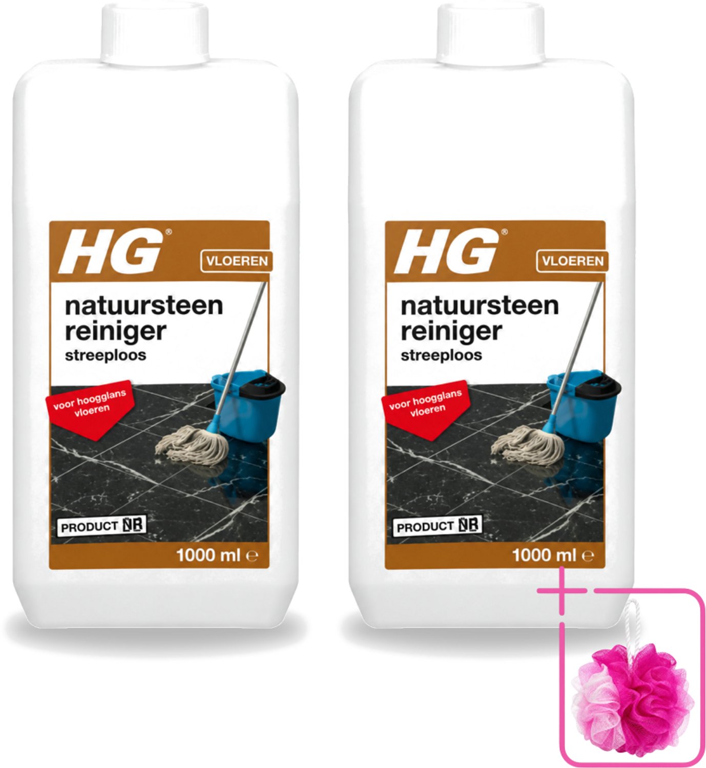 2 x HG - Natuursteenreiniger Streeploos - Voor Hoogglans Vloeren - 20 Dweilbeurten - 1L - Bulkverpakking - Natuursteen reinigen - Douchemop - Hoogglans vloeren reinigen