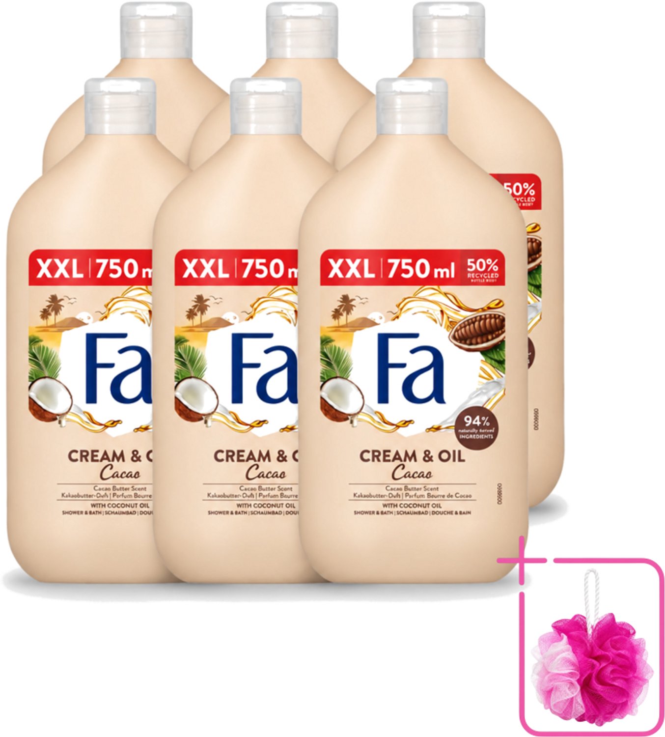 6 x Fa - Cream & Oil Cacao - Bad- & Douchegel - Cacaoboter Met Kokosolie - 750 ml - Bulkverpakking - Bad en douche gel - Douchemop - Cacaoboter