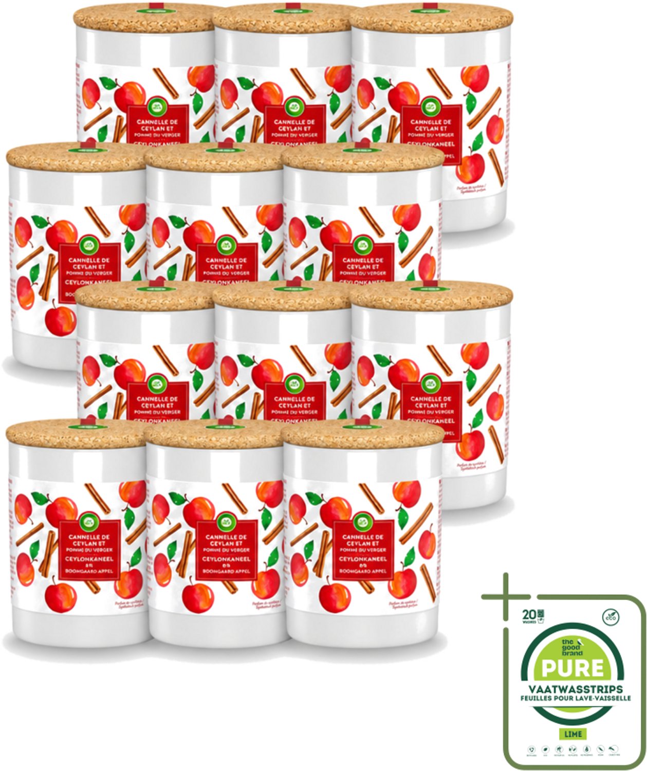 Air Wick 12 x Air Wick - Geurkaars - Kaneel & Boomgaard Appel - 35 Uur Brandduur - Grootverpakking - Vaatwasstrips - Geurkaars - Kaneel - Boomgaard Appel - Warme Geur - Frisse Geur Rood