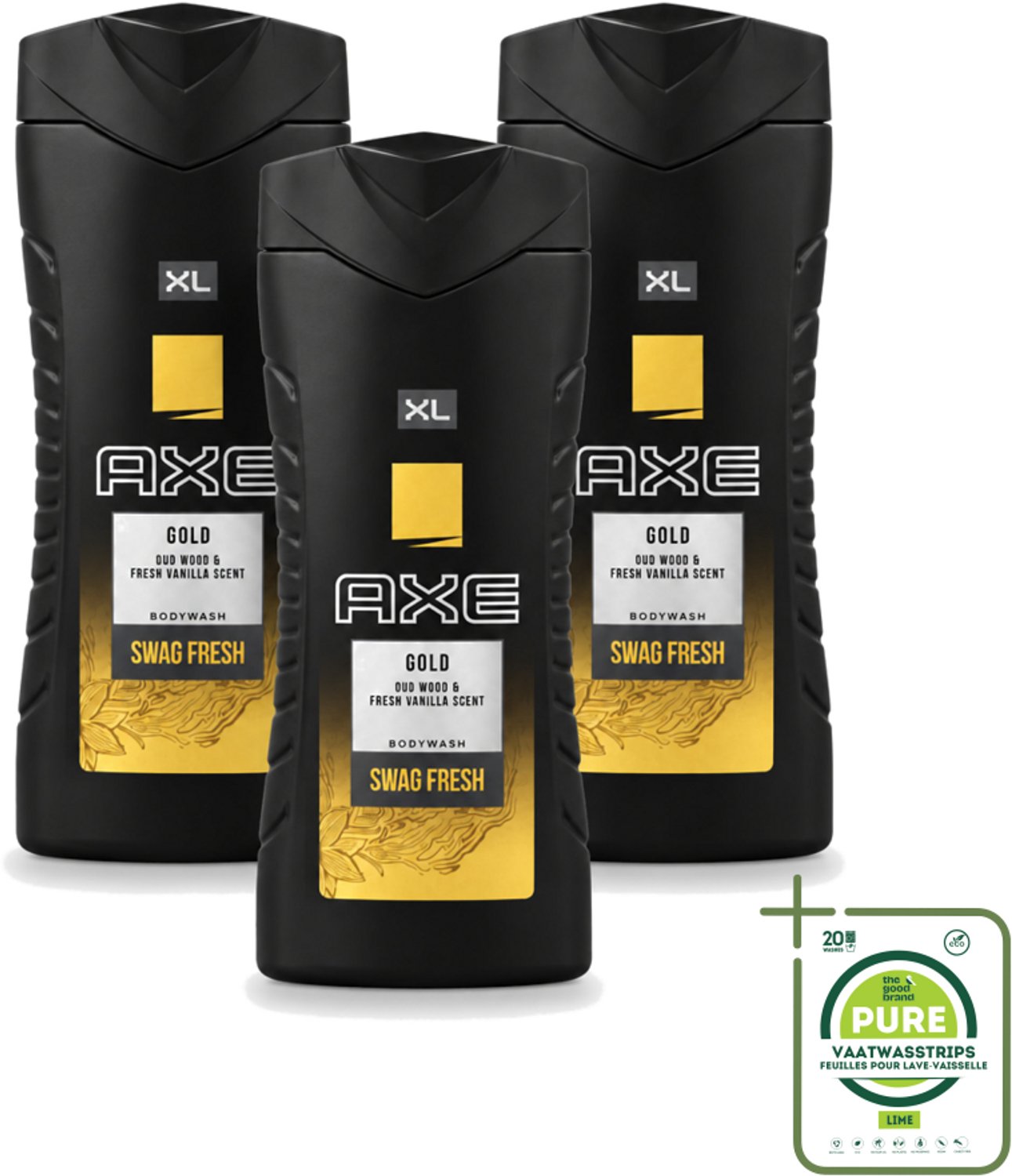 3 x Axe XL - Douchegel - Gold - Oud Wood & Fresh Vanilla - Swag Fresh - 400 ml - Grootverpakking - Vaatwasstrips - Douchegel - Geur - Frisheid - Oud Hout - Verse Vanille