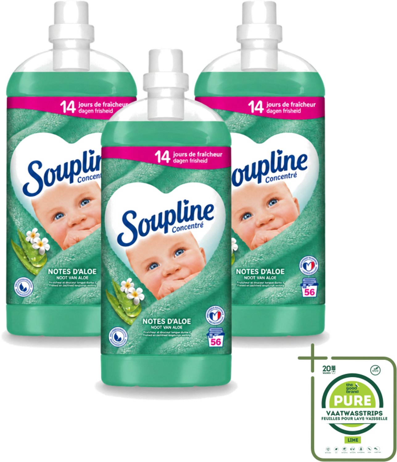 3 x Soupline - Wasverzachter - Aloë Vera - 56 Wasbeurten - 1.3L - Grootverpakking - Vaatwasstrips - Wasverzachter Aloë Vera - Frisse Geur - Zachte Kleding - 14 Dagen Frisheid - Natuurlijke Geur