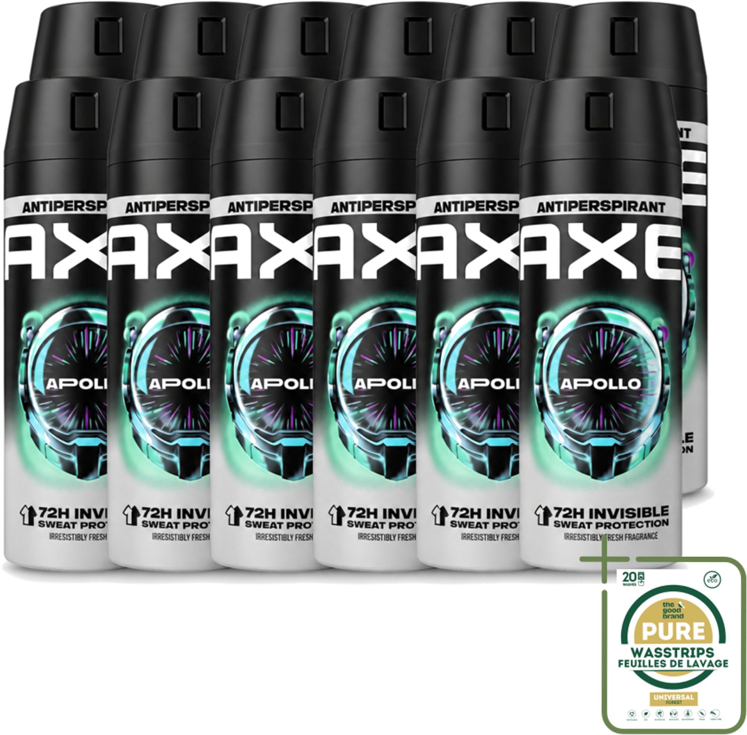 12 x Axe - Deodorant Spray - 72hrs Anti Sweat - Apollo - 150 ml - Wasstrips - Anti Transpirant Spray - Zweetbestendig - 72 Uur Bescherming - Geur Groen Fruit - Geur Sandelhout