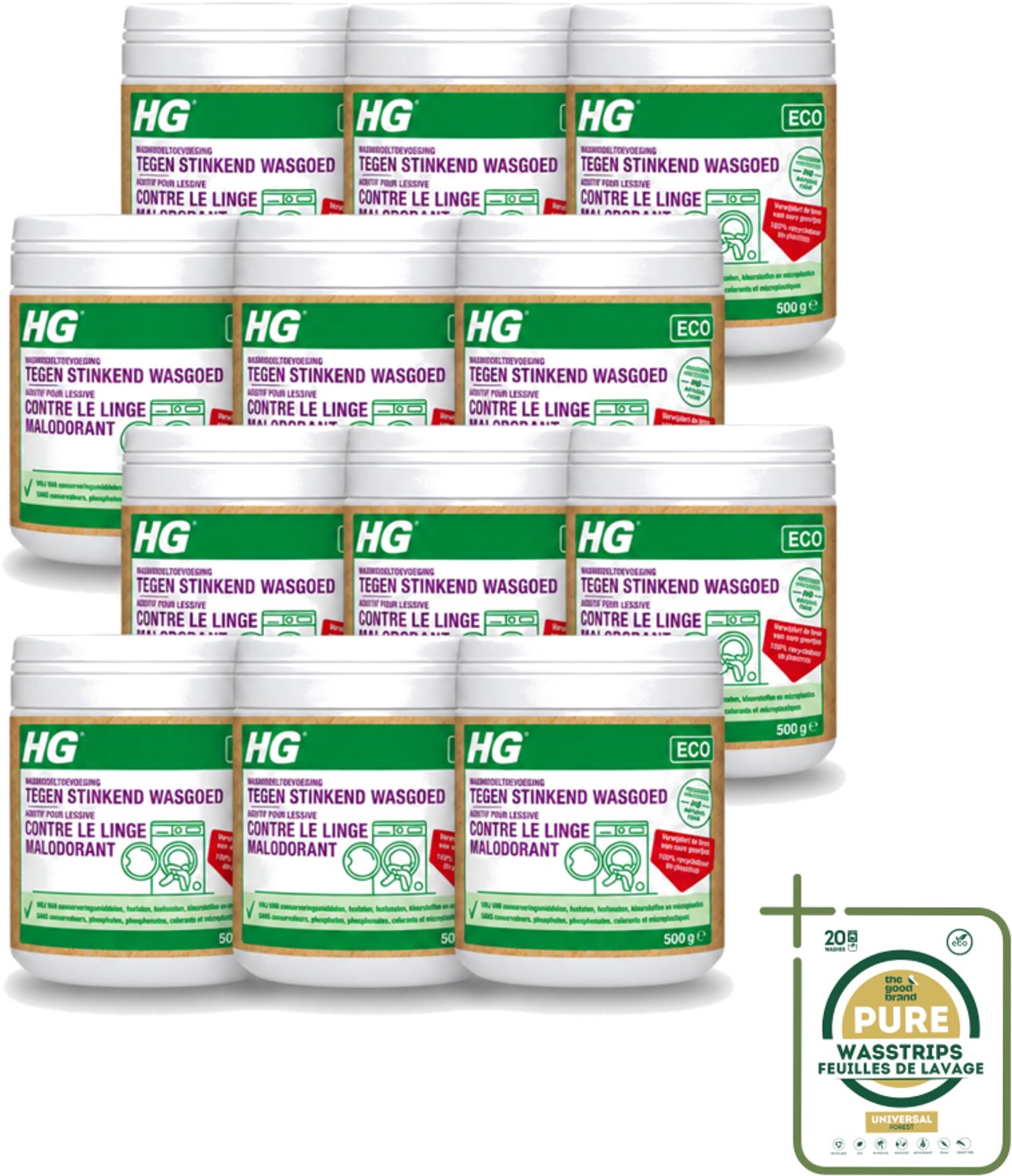 12 x HG ECO - Wasmiddeltoevoeging Tegen Stinkend Wasgoed - Effectieve Formule - 16 Wasbeurten - 500 g - Wasstrips - Wasmiddel - Stankmoleculen - Wasgoed - Wasmiddeltoevoeging - Stinkend Wasgoed