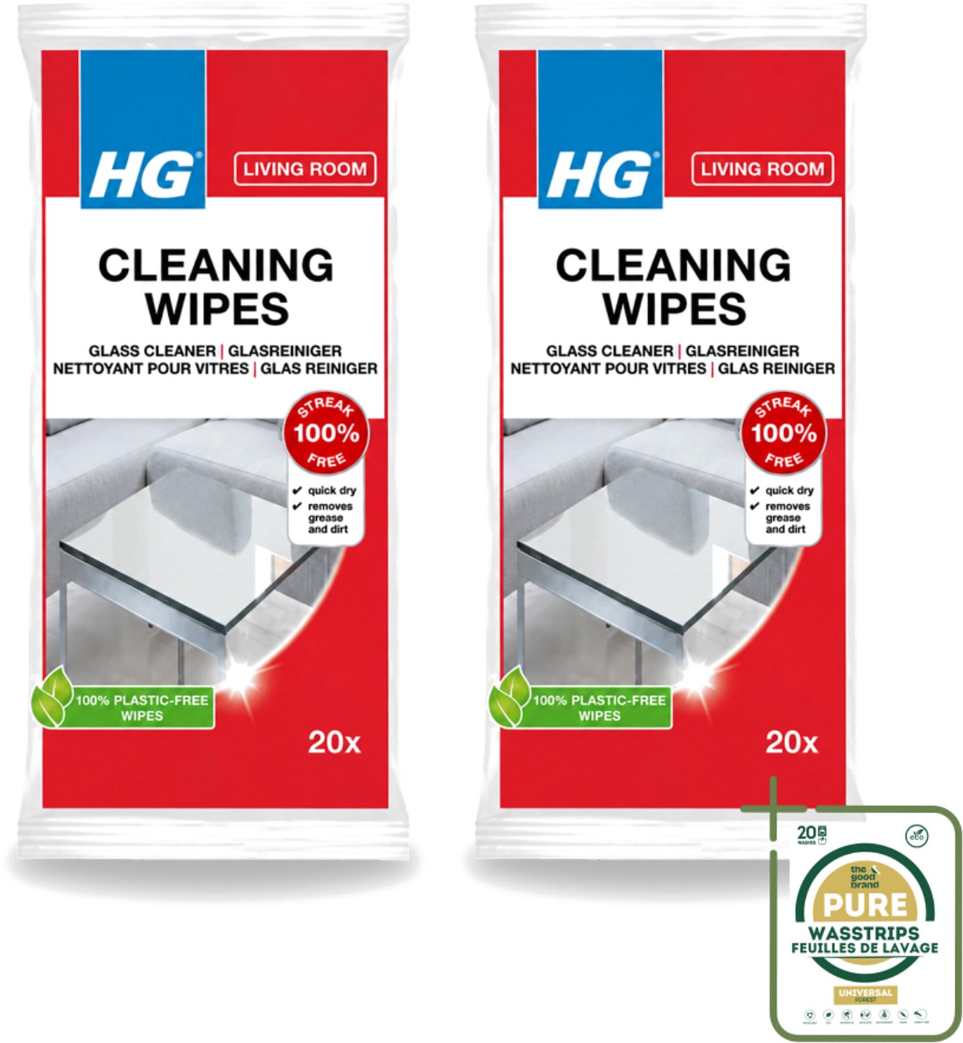 2 x HG - Woonkamer - Glasreinigingsdoekjes - Reinigt Streeploos - 20 Doekjes - Wasstrips - Glas Reinigen - Spiegel Reinigen - Streeploos Schoonmaken - Vet En Vuil Verwijderen - Glasdoekjes