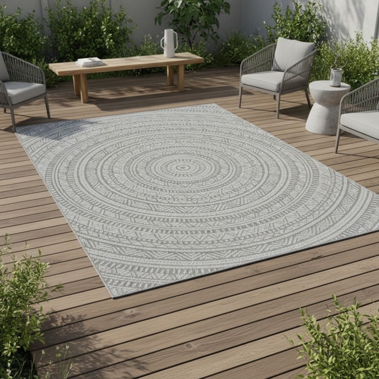 TapisTrend Designer tapijt Antraciet 140x200 cm Etnisch mandala- met sisal-effect, geschikt voor binnen- en buitengebruik, voor de woonkamer, het terras, het balkon