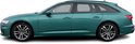 Zij-aanzicht van een teal Audi A6 Avant met een zwart interieur en lichtmetalen velgen.