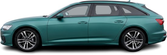 Zij-aanzicht van een teal Audi A6 Avant met een zwart interieur en lichtmetalen velgen.