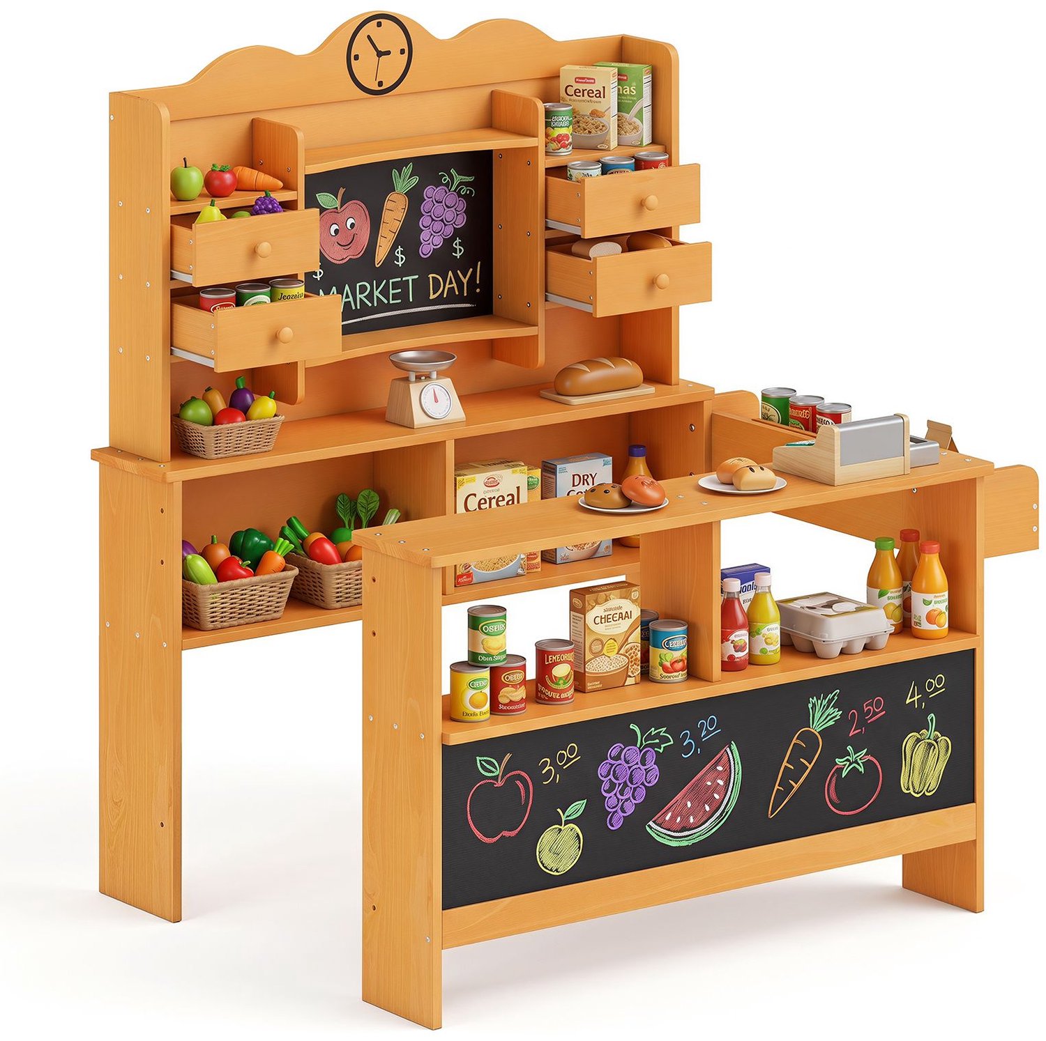 SureDeal® - Speelgoedkeuken - Kaufladen Koopmanswinkel Dennenhout - Vakken Lades - Zijtafel Verkoopstand - 111x81,5x119 cm - Geel