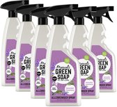 Zes flessen Marcel's Green Soap allesreiniger spray lavendel en rozemarijn naast elkaar.