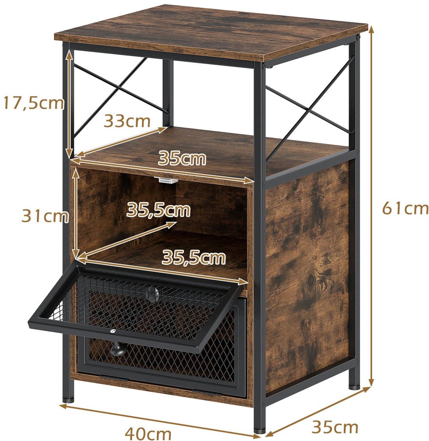Suredeal Nachtkastje - Kleine Bijzettafel - Magneetschuiven - Metalen Verstelbare Voeten - 40x35x61 cm - Rustiekbruin
