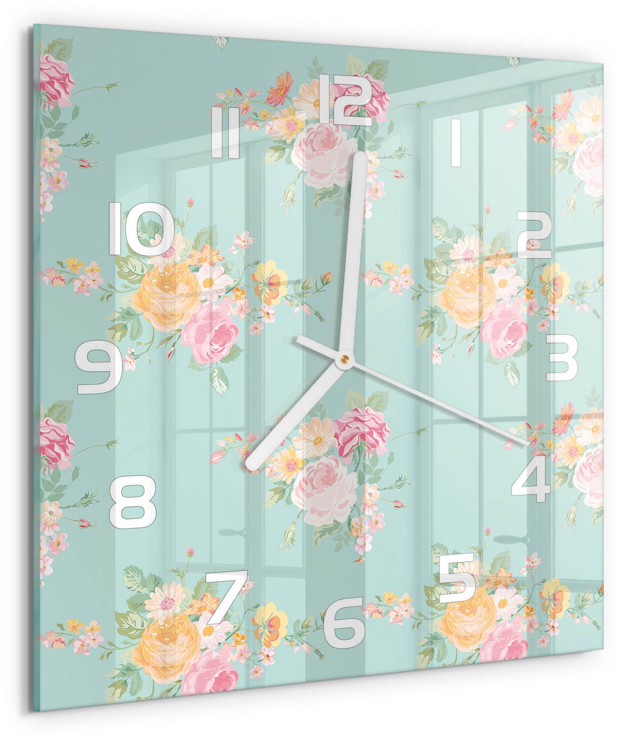 Tulup Wandklok - Bloemenpatroon Glazen Klok Met Print - 30x30 cm - Veelkleurig Wandklok Glas Met Motief - Witte handen - Vierkante Klok - Wandklok Glas Decoratie - Gekleurde Glazen Klok