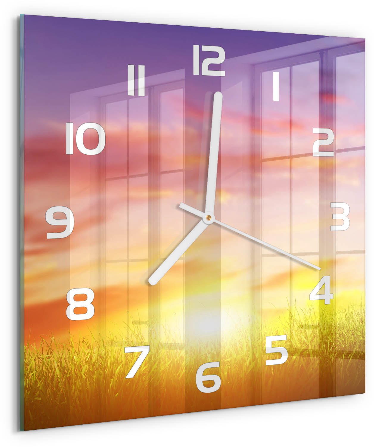 Tulup Wandklok - Zonsondergang Glazen Wandklok Design - 30x30 cm - Veelkleurig Klok Glas Met Opdruk - Witte handen - Vierkante Klok - Wandklok Glas Met Motief - Decoratieve Glazen Klok