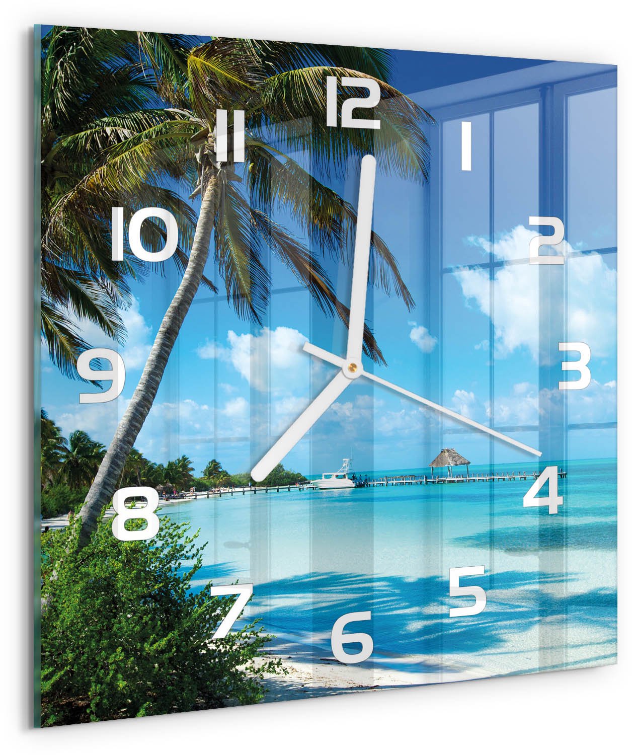 Tulup Wandklok - Tropisch strand Gekleurde Glazen Klok - 30x30 cm - Blauw Glazen Klok Met Print - Witte handen - Vierkante Klok - Moderne Wandklok Glas - Wandklok Glas Decoratie