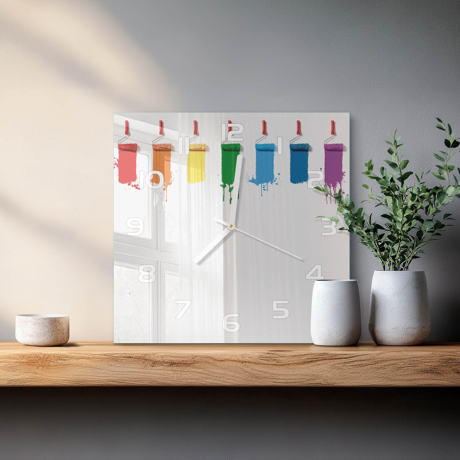 Tulup Wandklok - Verfrollers Wandklok Glas Met Motief - 30x30 cm - Veelkleurig Decoratieve Glazen Klok - Witte handen - Vierkante Klok - Gekleurde Glazen Klok - Glazen Klok Met Print