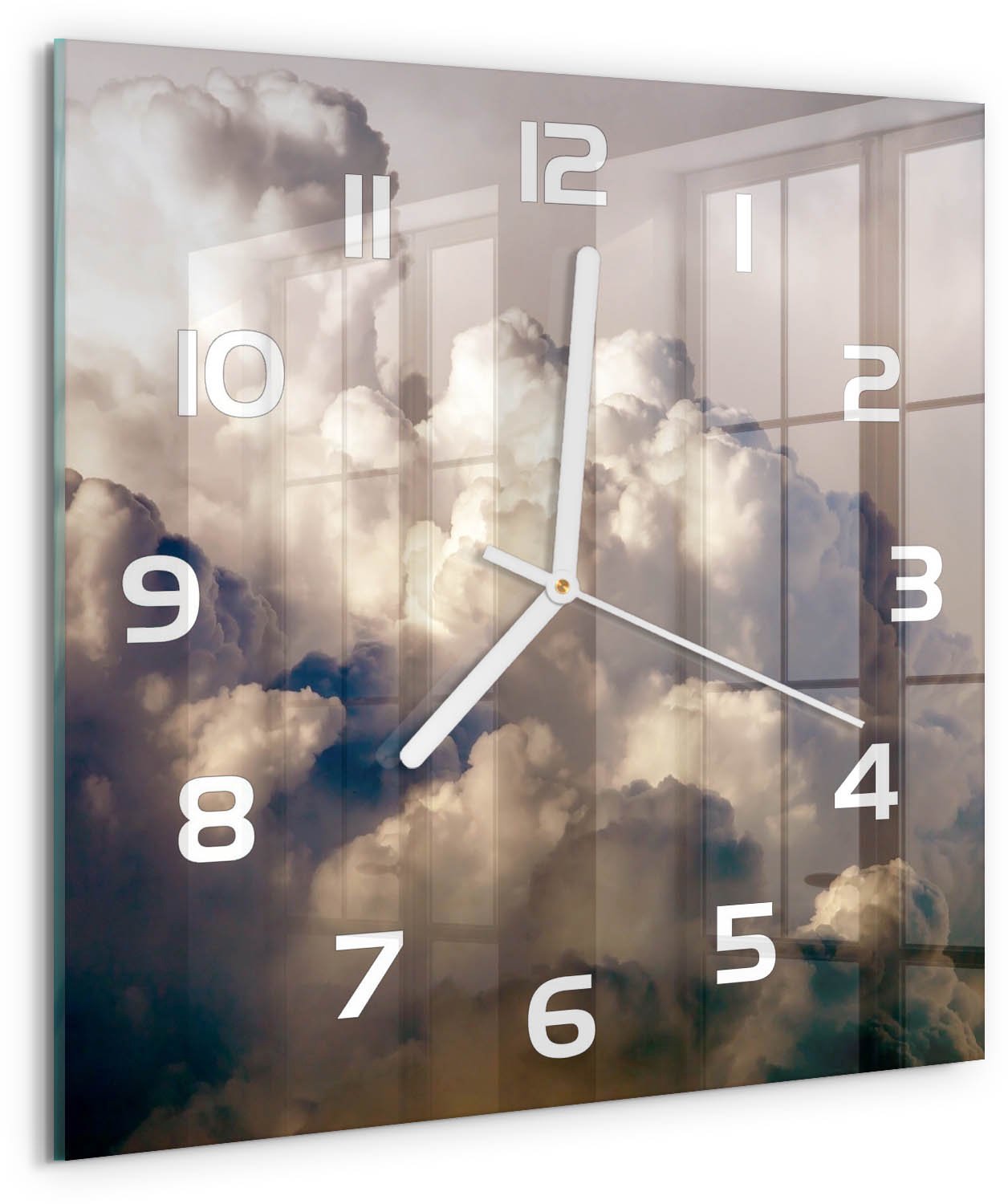 Tulup Wandklok - Wolken aan de hemel Moderne Wandklok Glas - 30x30 cm - Wit Wandklok Glas Decoratie - Witte handen - Vierkante Klok - Glazen Wandklok Design - Klok Glas Met Opdruk