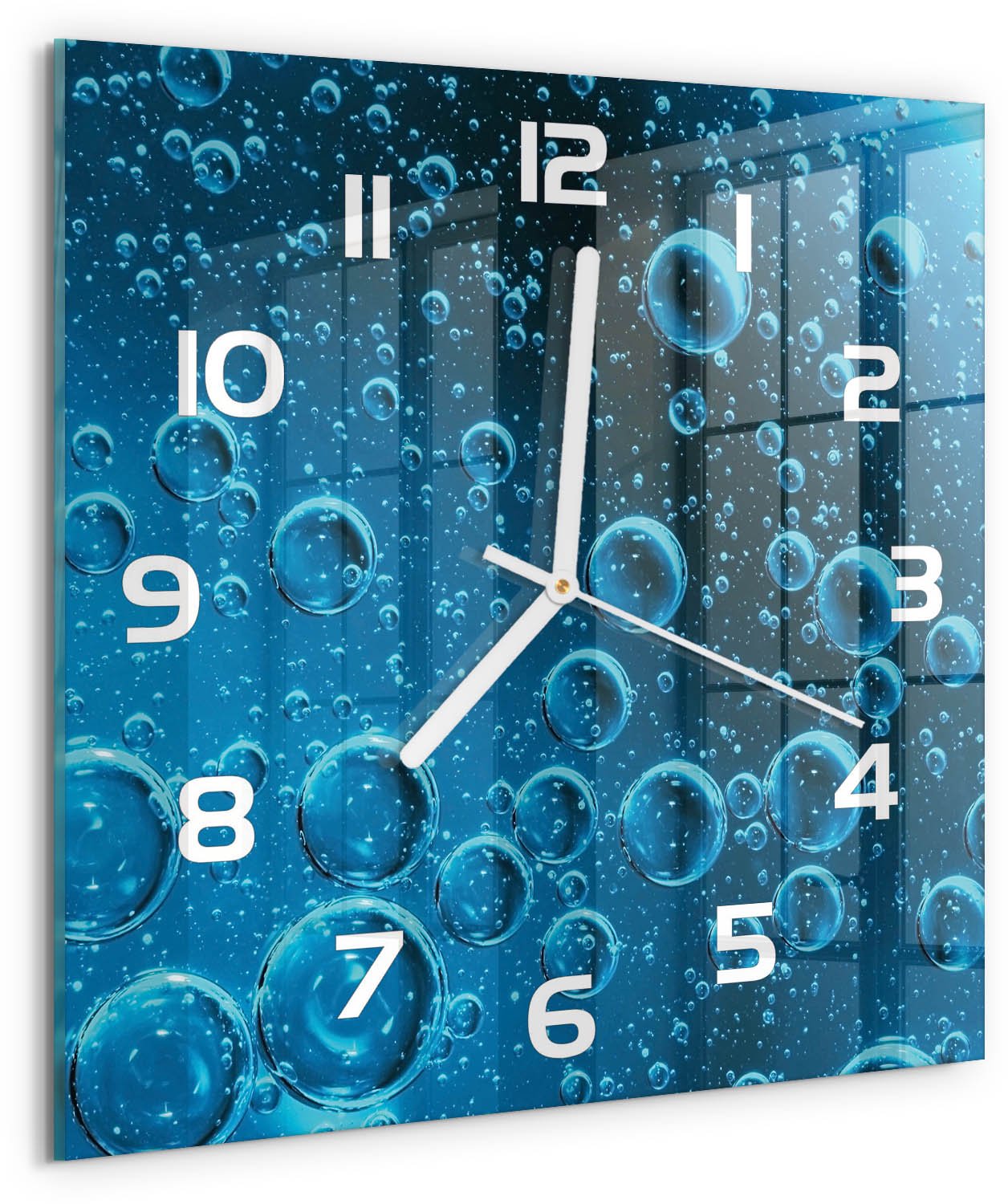 TULUP Wandklok - Onderwaterbellen Wandklok Glas Met Motief - 30x30 cm - Blauw Decoratieve Glazen Klok - Witte handen - Vierkante Klok - Gekleurde Glazen Klok - Glazen Klok Met Print