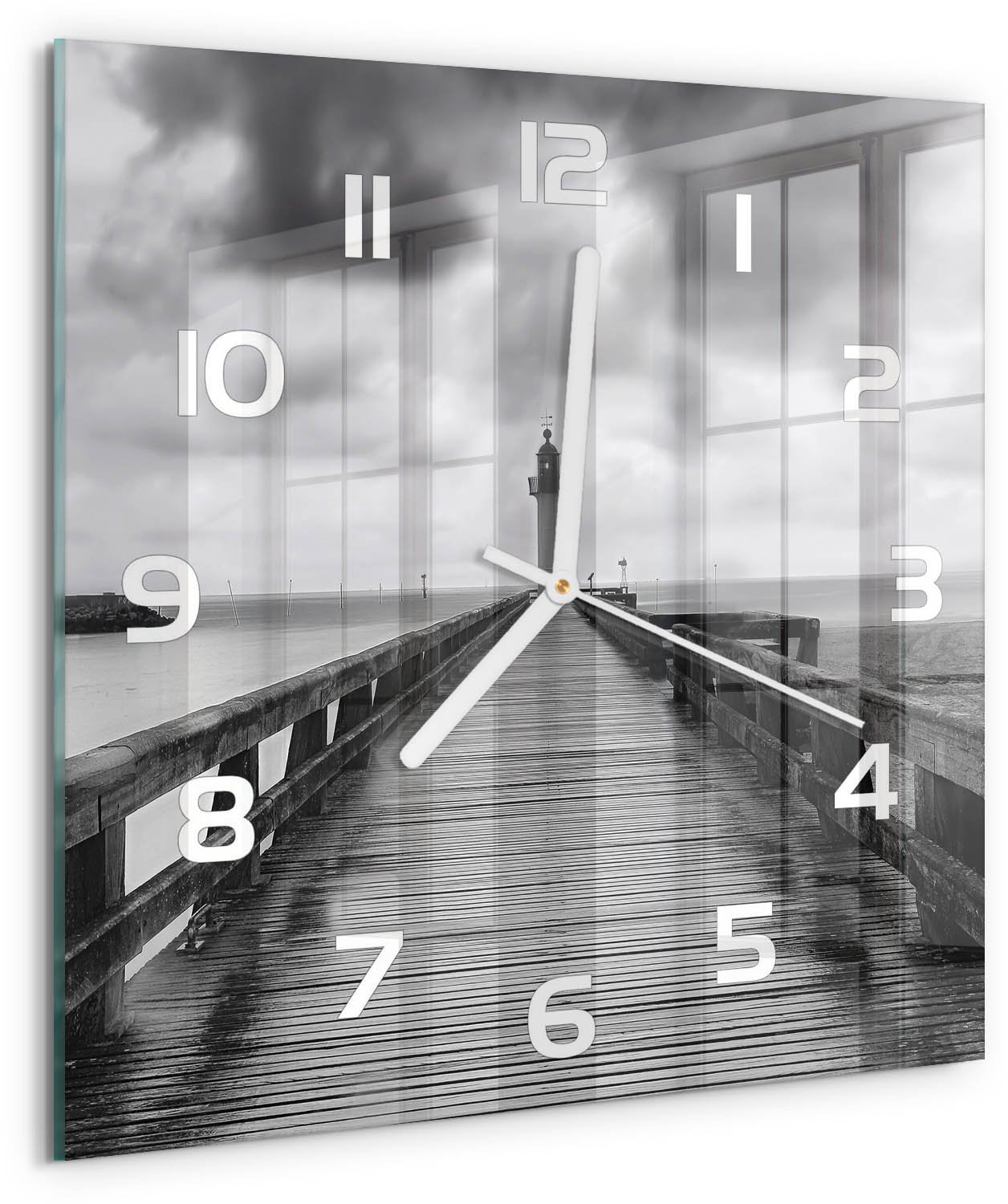 TULUP Wandklok - Vuurtoren Decoratieve Glazen Klok - 30x30 cm - Zwart-wit Glazen Wandklok Design - Witte handen - Vierkante Klok - Glazen Klok Met Print - Wandklok Glas Met Motief