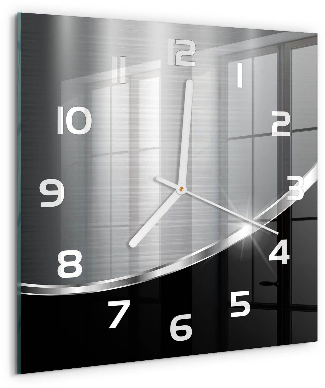TULUP Wandklok - Metaalabstractie Decoratieve Glazen Klok - 30x30 cm - Zilver Glazen Wandklok Design - Witte handen - Vierkante Klok - Glazen Klok Met Print - Wandklok Glas Met Motief
