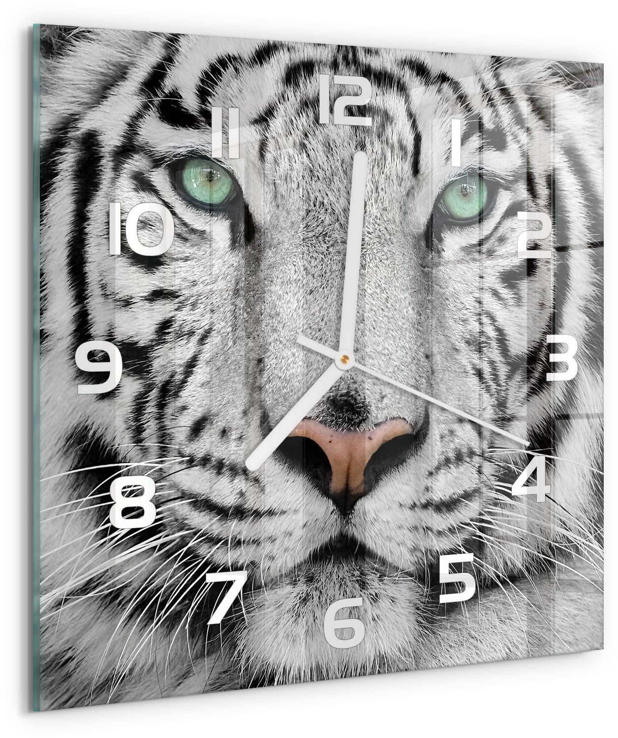 Tulup Wandklok - Witte Tijger Wandklok Glas Decoratie - 30x30 cm - Wit Gekleurde Glazen Klok - Witte handen - Vierkante Klok - Klok Glas Met Opdruk - Moderne Wandklok Glas