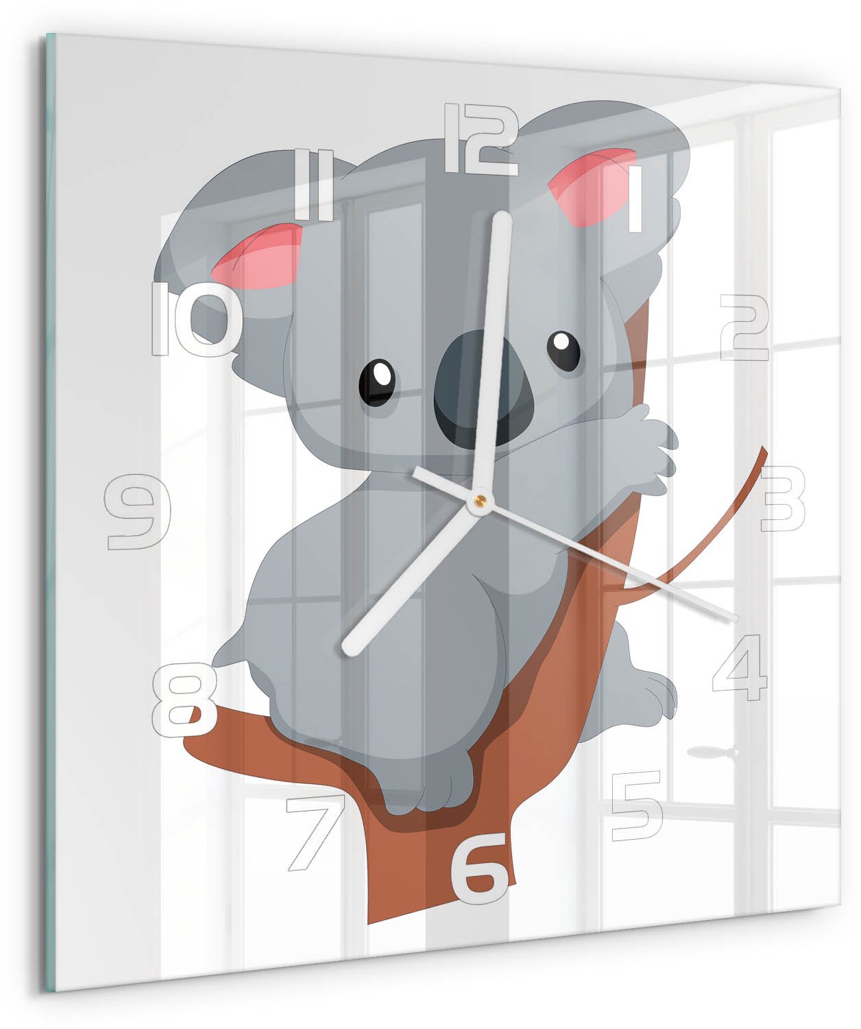 Tulup Wandklok - Koala in een boom Moderne Wandklok Glas - 30x30 cm - Grijs Wandklok Glas Decoratie - Witte handen - Vierkante Klok - Glazen Wandklok Design - Klok Glas Met Opdruk