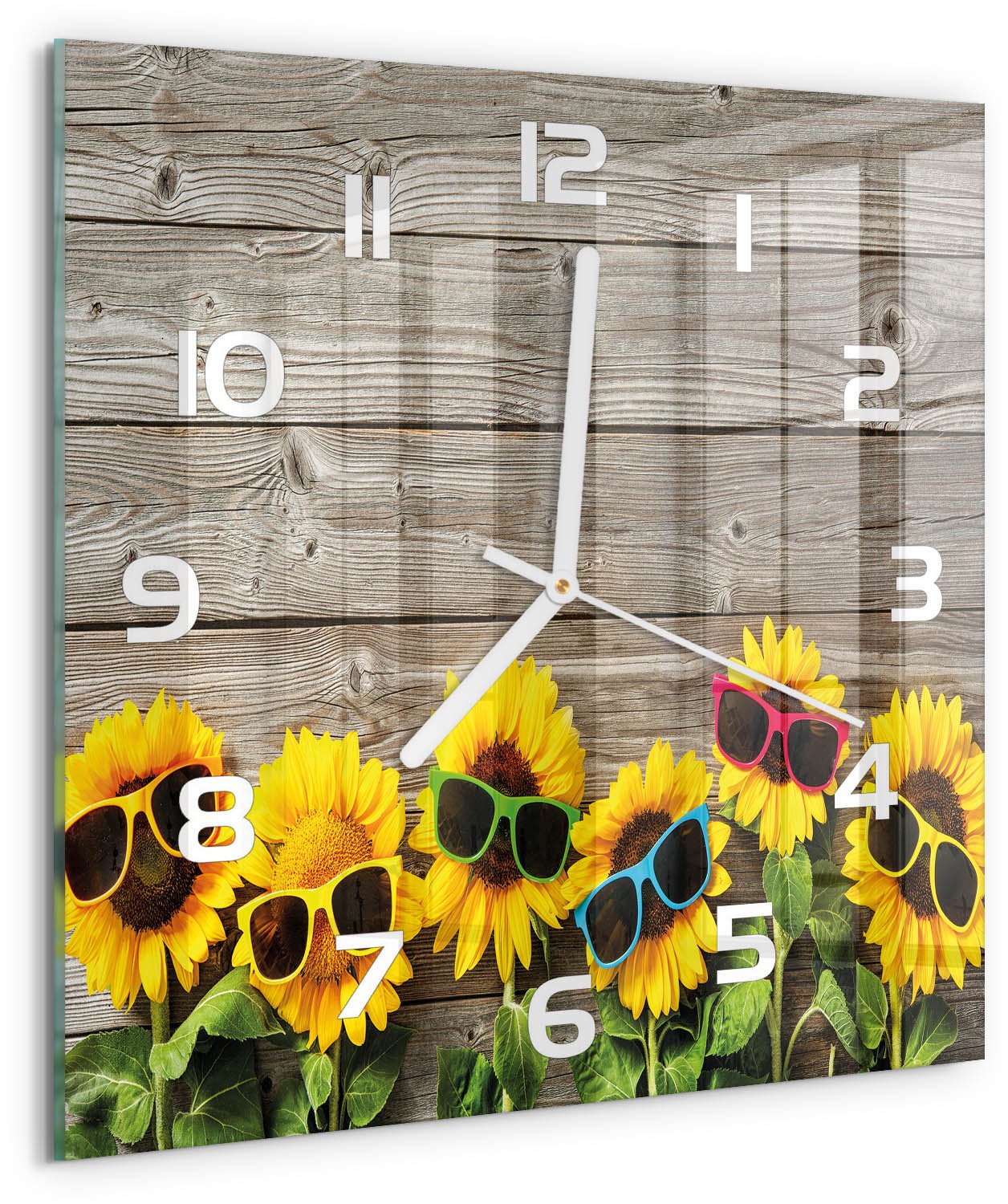Tulup Wandklok - Zonnebloemen Moderne Wandklok Glas - 30x30 cm - Geel Wandklok Glas Decoratie - Witte handen - Vierkante Klok - Glazen Wandklok Design - Klok Glas Met Opdruk