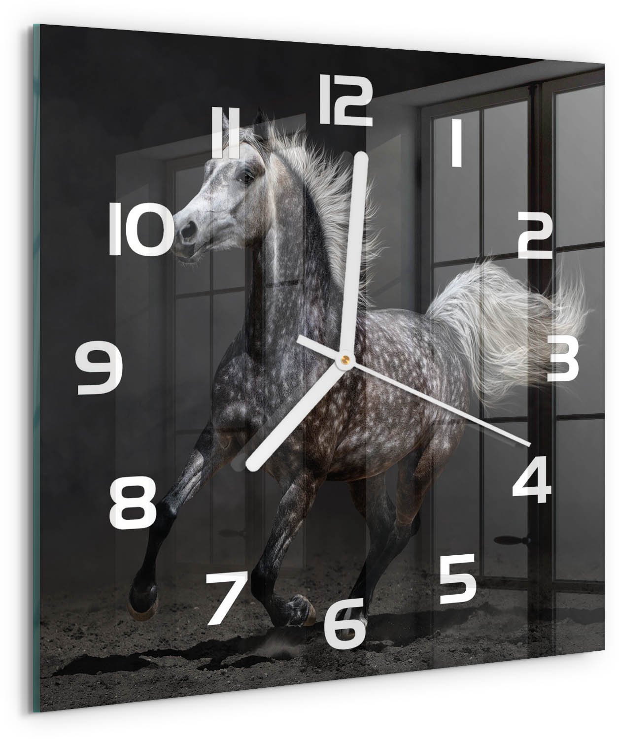Tulup Wandklok - Grijze Arabische Paard Wandklok Glas Decoratie - 30x30 cm - Zwart Gekleurde Glazen Klok - Witte handen - Vierkante Klok - Klok Glas Met Opdruk - Moderne Wandklok Glas