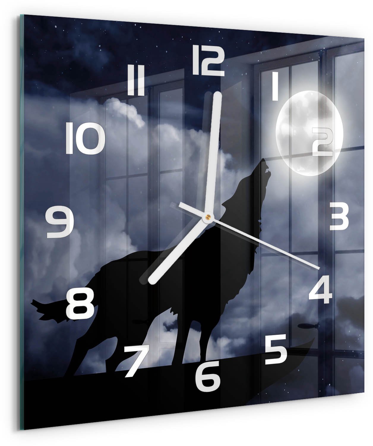 Tulup Wandklok - Huilende Wolf Volle Maan Wandklok Glas Met Motief - 30x30 cm - Zwart Decoratieve Glazen Klok - Witte handen - Vierkante Klok - Gekleurde Glazen Klok - Glazen Klok Met Print