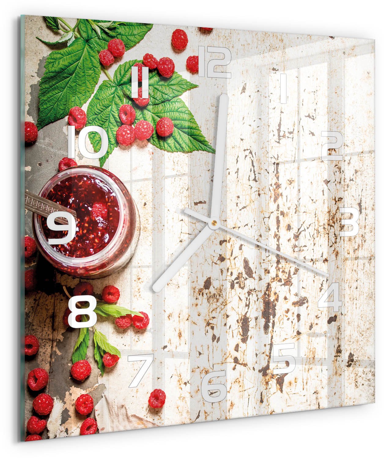 Tulup Wandklok - Frambozenjam Decoratieve Glazen Klok - 30x30 cm - Rood Glazen Wandklok Design - Witte handen - Vierkante Klok - Glazen Klok Met Print - Wandklok Glas Met Motief