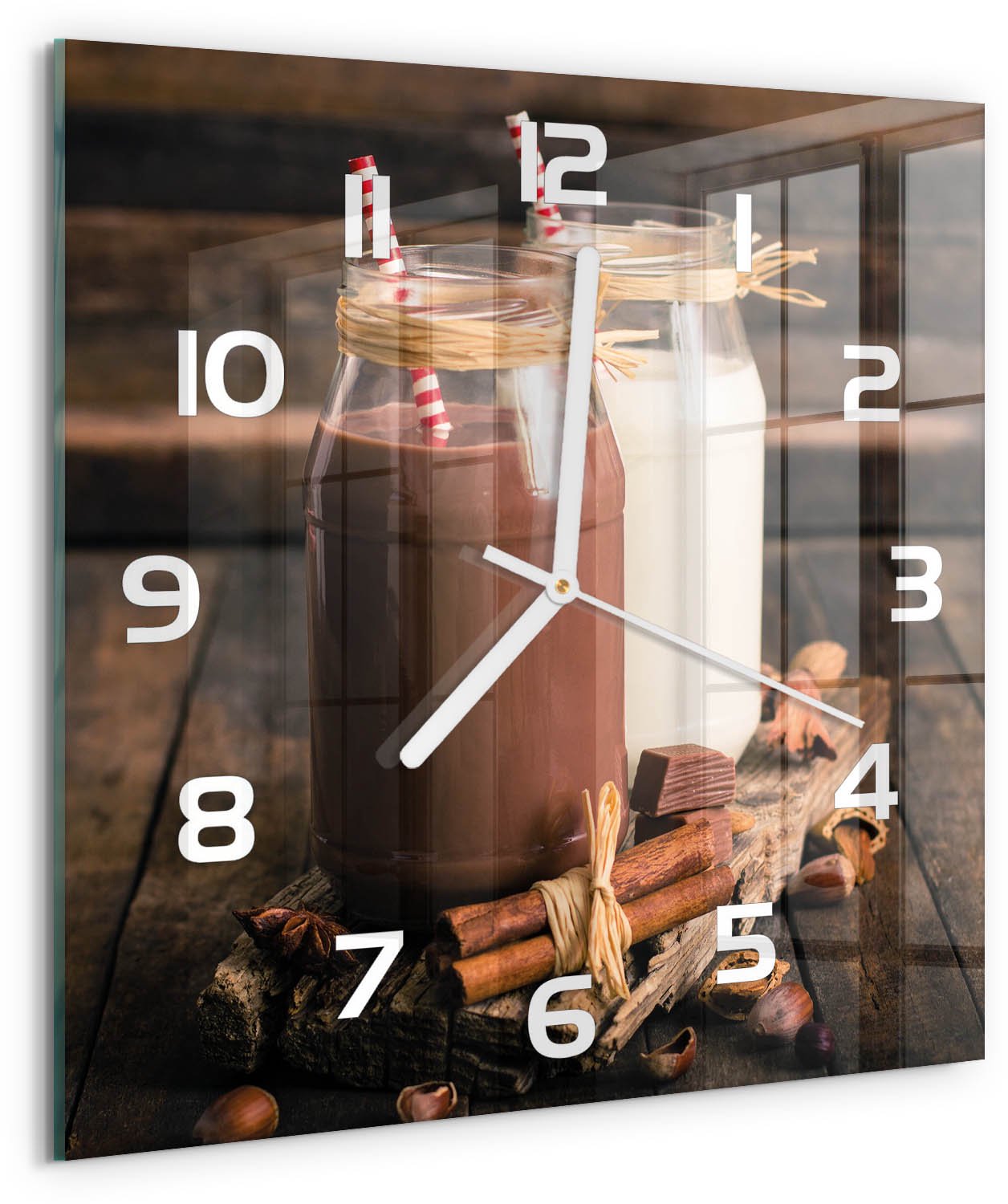 Tulup Wandklok - Cocktails in glazen Gekleurde Glazen Klok - 30x30 cm - Bruin Glazen Klok Met Print - Witte handen - Vierkante Klok - Moderne Wandklok Glas - Wandklok Glas Decoratie