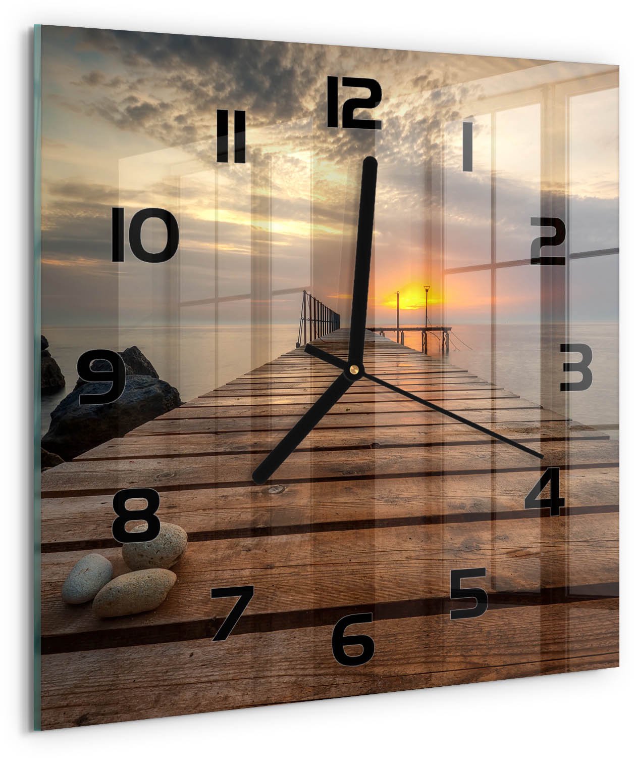 Tulup Wandklok - Houten brug Wandklok Glas Decoratie - 30x30 cm - Bruin Gekleurde Glazen Klok - Zwarte handen - Vierkante Klok - Klok Glas Met Opdruk - Moderne Wandklok Glas
