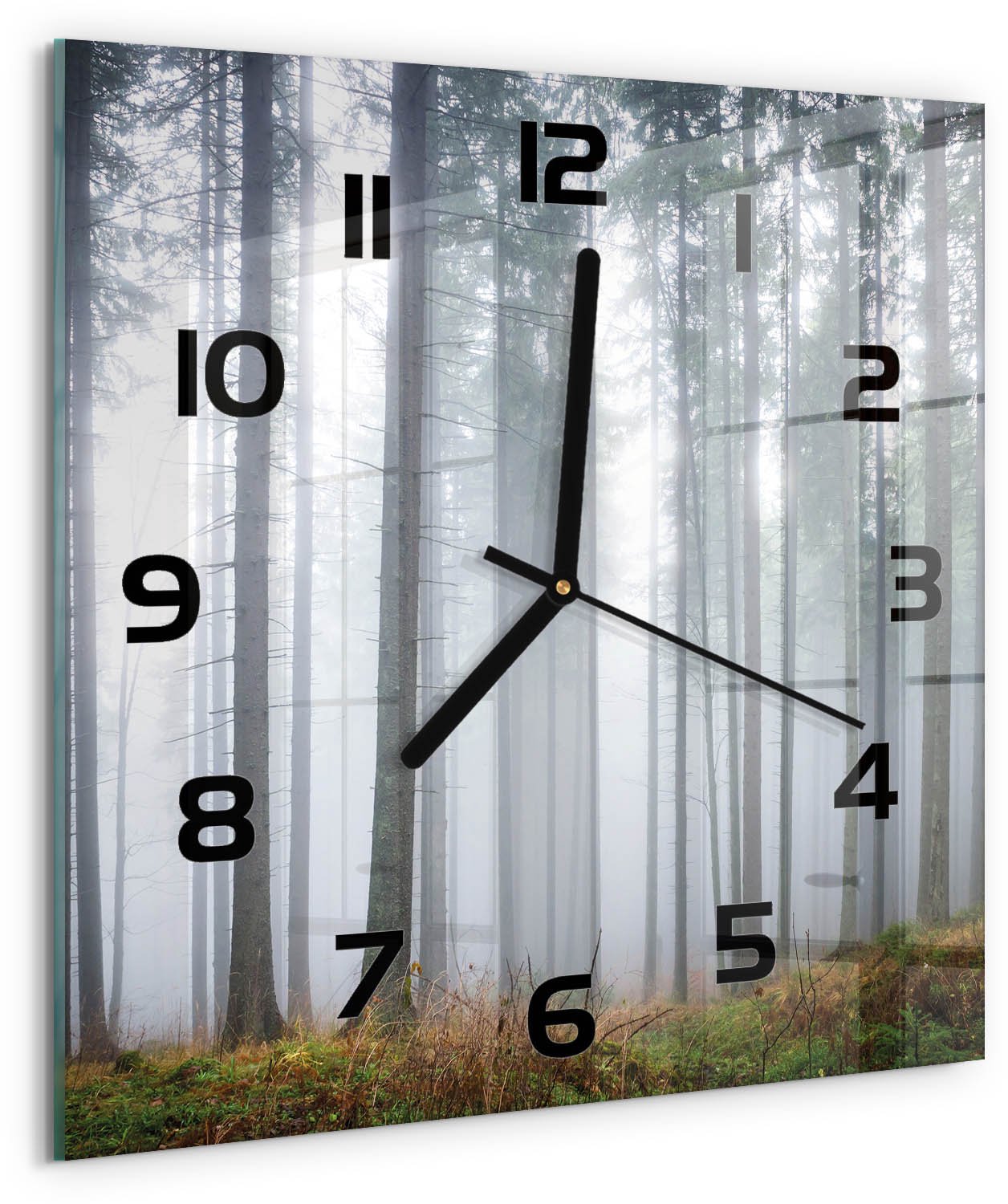 Tulup Wandklok - Mist in het bos Wandklok Glas Met Motief - 30x30 cm - Grijs Decoratieve Glazen Klok - Zwarte handen - Vierkante Klok - Gekleurde Glazen Klok - Glazen Klok Met Print