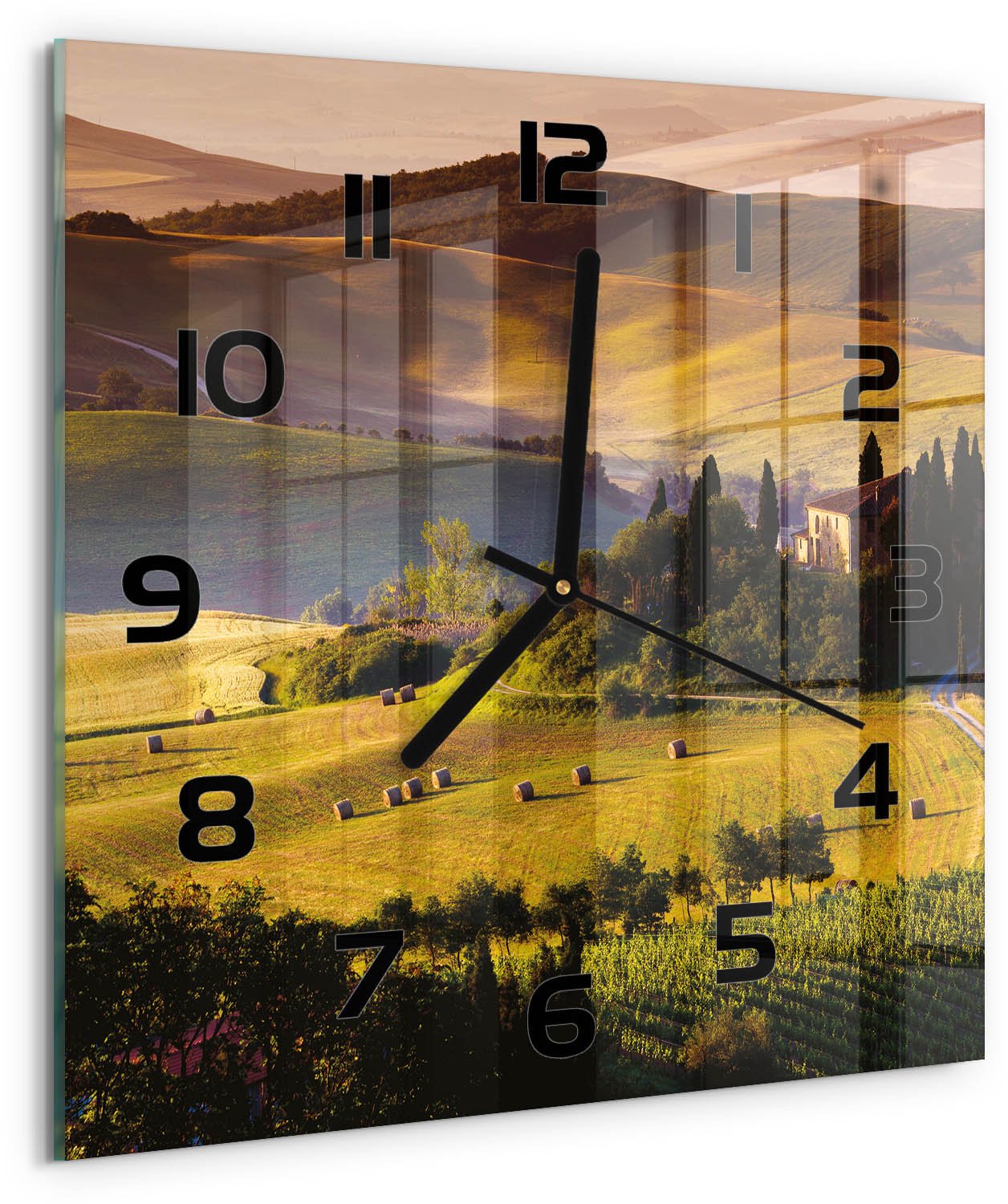 Tulup Wandklok - Toscane, Italië Gekleurde Glazen Klok - 30x30 cm - Groente Glazen Klok Met Print - Zwarte handen - Vierkante Klok - Moderne Wandklok Glas - Wandklok Glas Decoratie