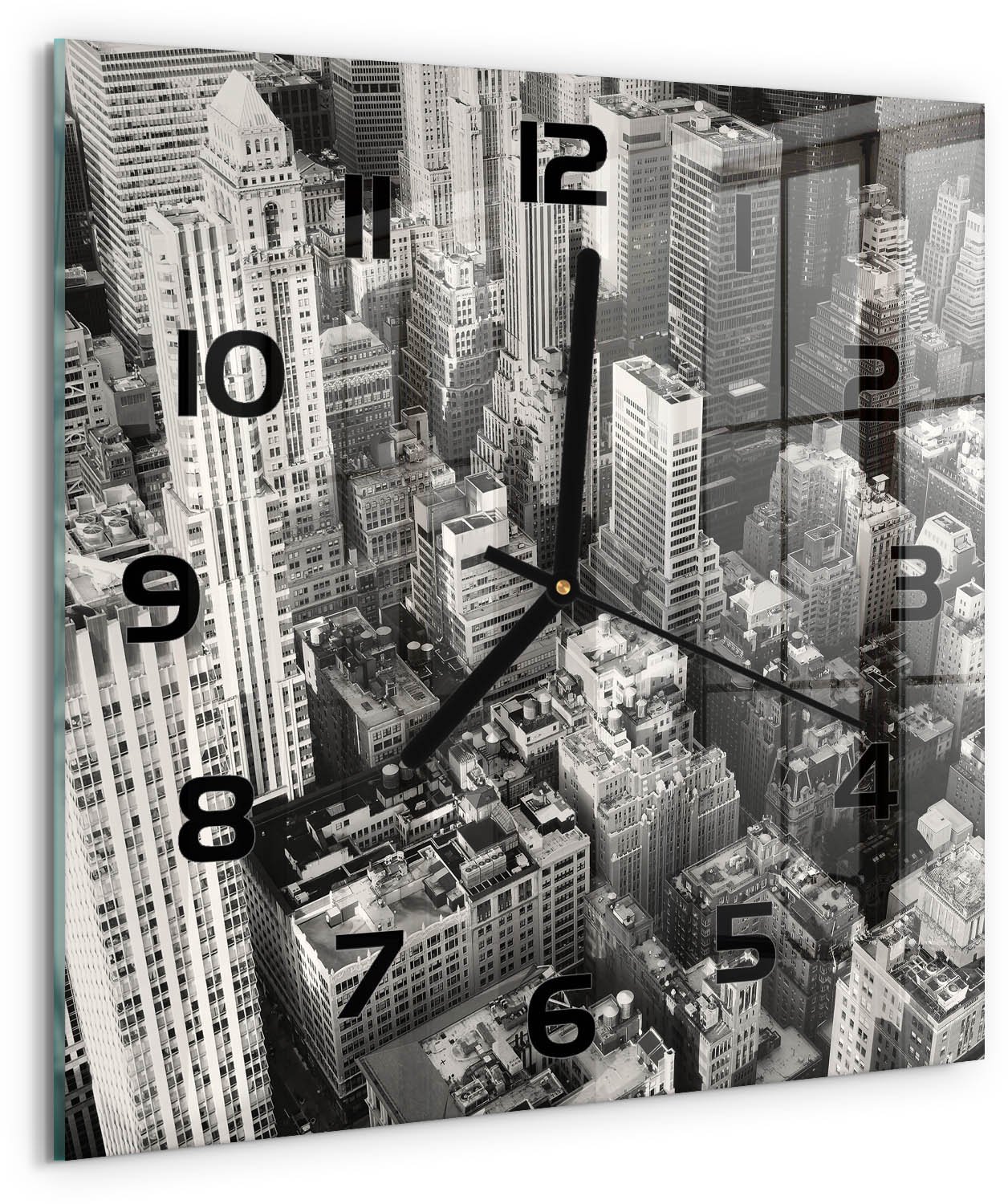 Tulup Wandklok - Vogelsvlucht in New York Klok Glas Met Opdruk - 30x30 cm - Zwart-wit Moderne Wandklok Glas - Zwarte handen - Vierkante Klok - Decoratieve Glazen Klok - Glazen Wandklok Design
