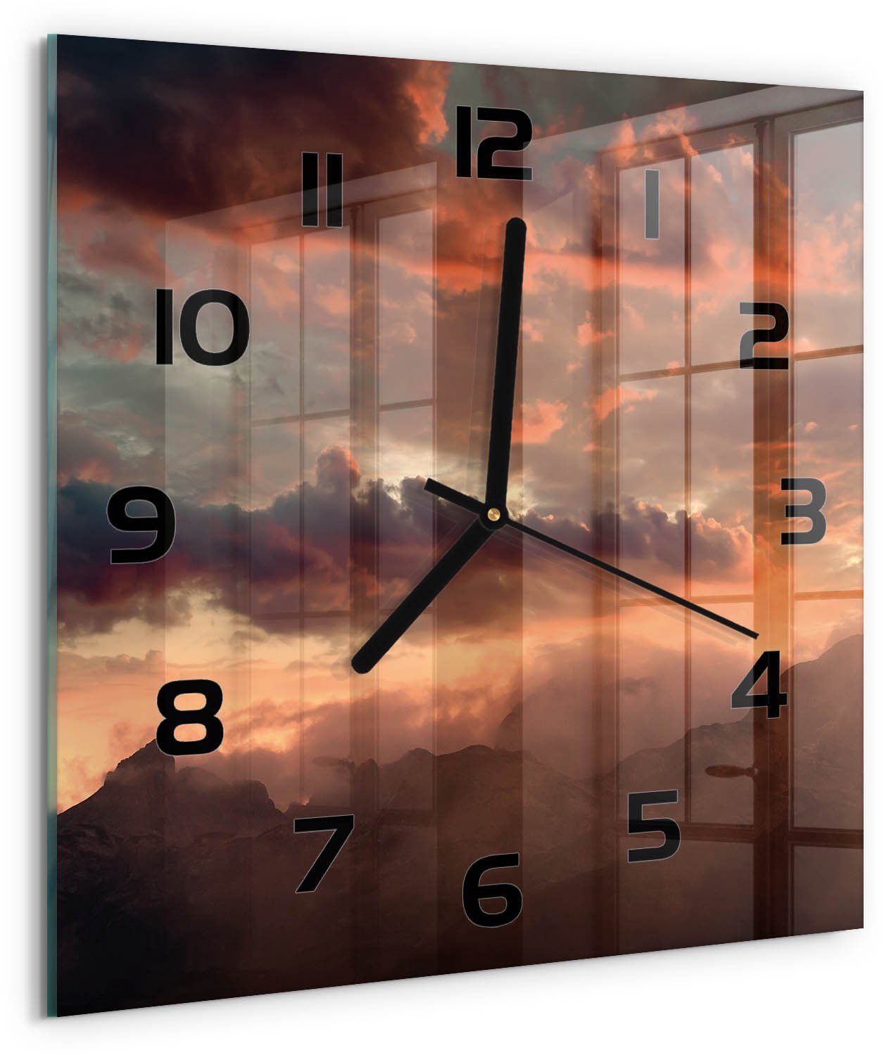 TULUP Wandklok - Bergen bij zonsondergang Gekleurde Glazen Klok - 30x30 cm - Oranje Glazen Klok Met Print - Zwarte handen - Vierkante Klok - Moderne Wandklok Glas - Wandklok Glas Decoratie