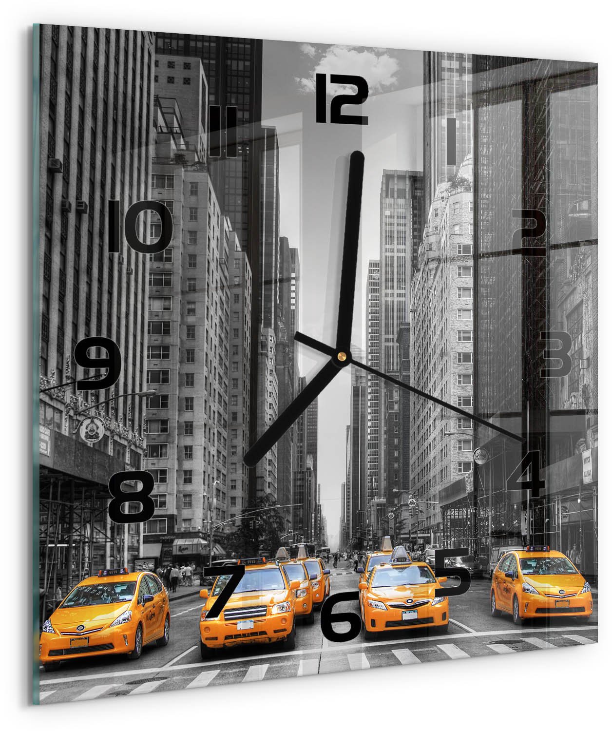 Tulup Wandklok - New Yorkse taxi's Glazen Wandklok Design - 30x30 cm - Geel Klok Glas Met Opdruk - Zwarte handen - Vierkante Klok - Wandklok Glas Met Motief - Decoratieve Glazen Klok