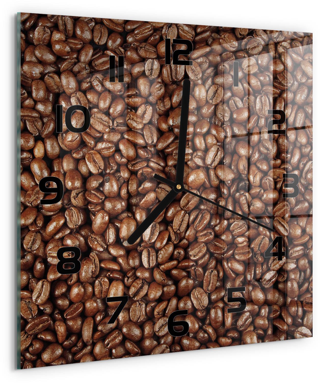 Tulup Wandklok - Koffiebonen Decoratieve Glazen Klok - 30x30 cm - Bruin Glazen Wandklok Design - Zwarte handen - Vierkante Klok - Glazen Klok Met Print - Wandklok Glas Met Motief