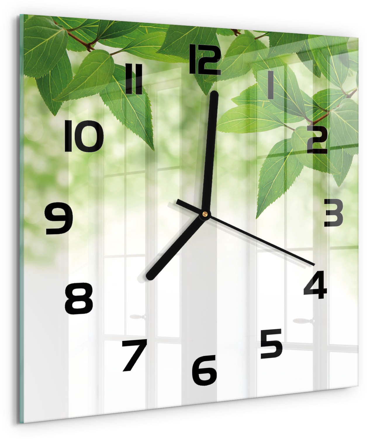 TULUP Wandklok - Groene bladeren Glazen Wandklok Design - 30x30 cm - Groente Klok Glas Met Opdruk - Zwarte handen - Vierkante Klok - Wandklok Glas Met Motief - Decoratieve Glazen Klok
