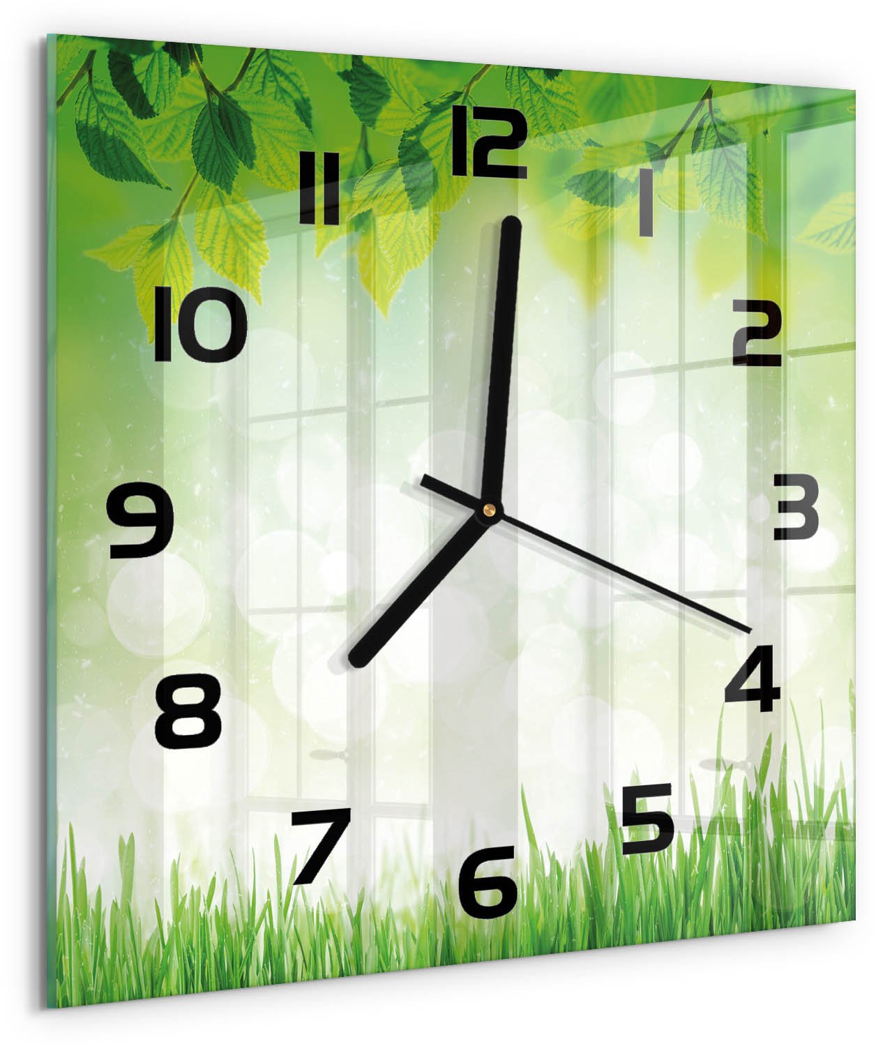 TULUP Wandklok - Bladeren en gras Wandklok Glas Decoratie - 30x30 cm - Groente Gekleurde Glazen Klok - Zwarte handen - Vierkante Klok - Klok Glas Met Opdruk - Moderne Wandklok Glas