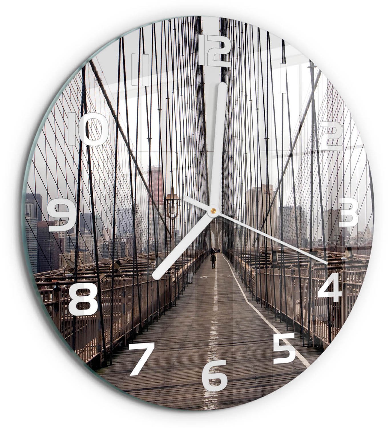 TULUP Wandklok - Brooklynbrug Klok Glas Met Opdruk - fi30 cm - Bruin Moderne Wandklok Glas - Witte handen - Ronde Klok - Decoratieve Glazen Klok - Glazen Wandklok Design