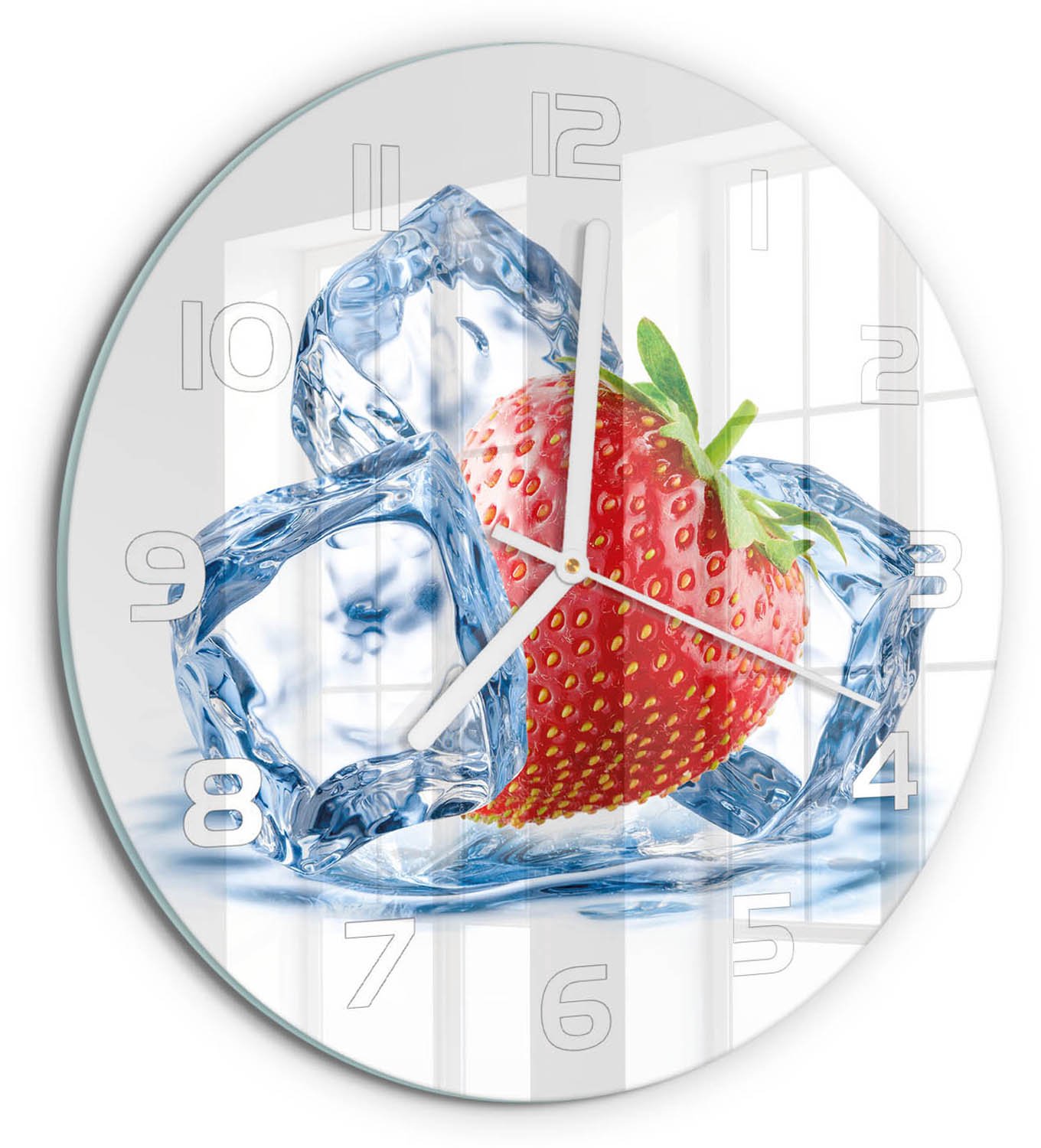 TULUP Wandklok - Aardbei met ijs Gekleurde Glazen Klok - fi30 cm - Rood Glazen Klok Met Print - Witte handen - Ronde Klok - Moderne Wandklok Glas - Wandklok Glas Decoratie