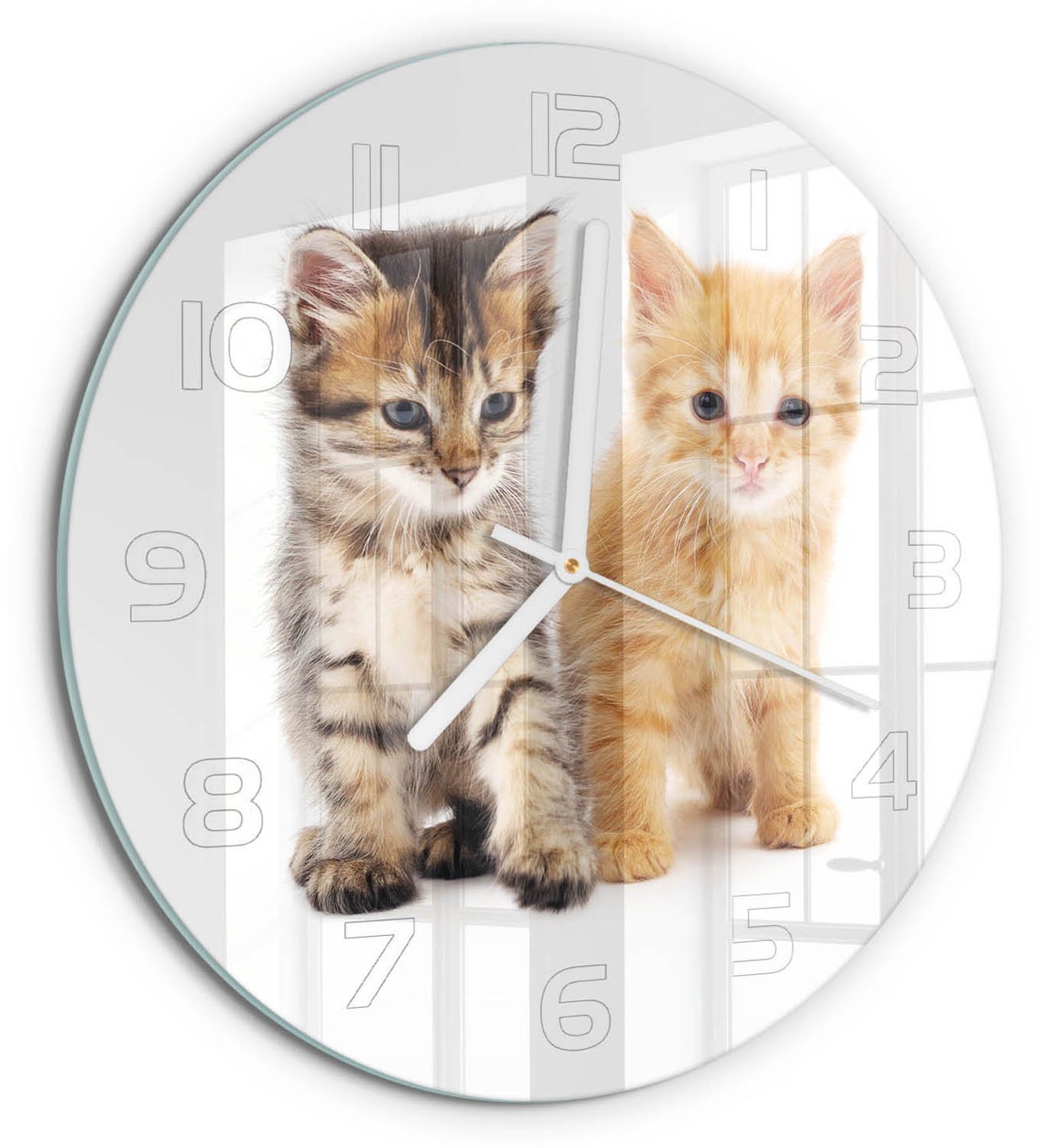 TULUP Wandklok - Bruinrode kat Gekleurde Glazen Klok - fi30 cm - Oranje Glazen Klok Met Print - Witte handen - Ronde Klok - Moderne Wandklok Glas - Wandklok Glas Decoratie