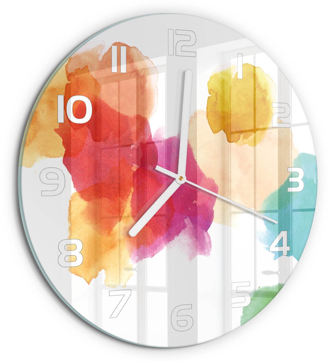 TULUP Wandklok - Kleurrijke vlekken Wandklok Glas Decoratie - fi30 cm - Veelkleurig Gekleurde Glazen Klok - Witte handen - Ronde Klok - Klok Glas Met Opdruk - Moderne Wandklok Glas