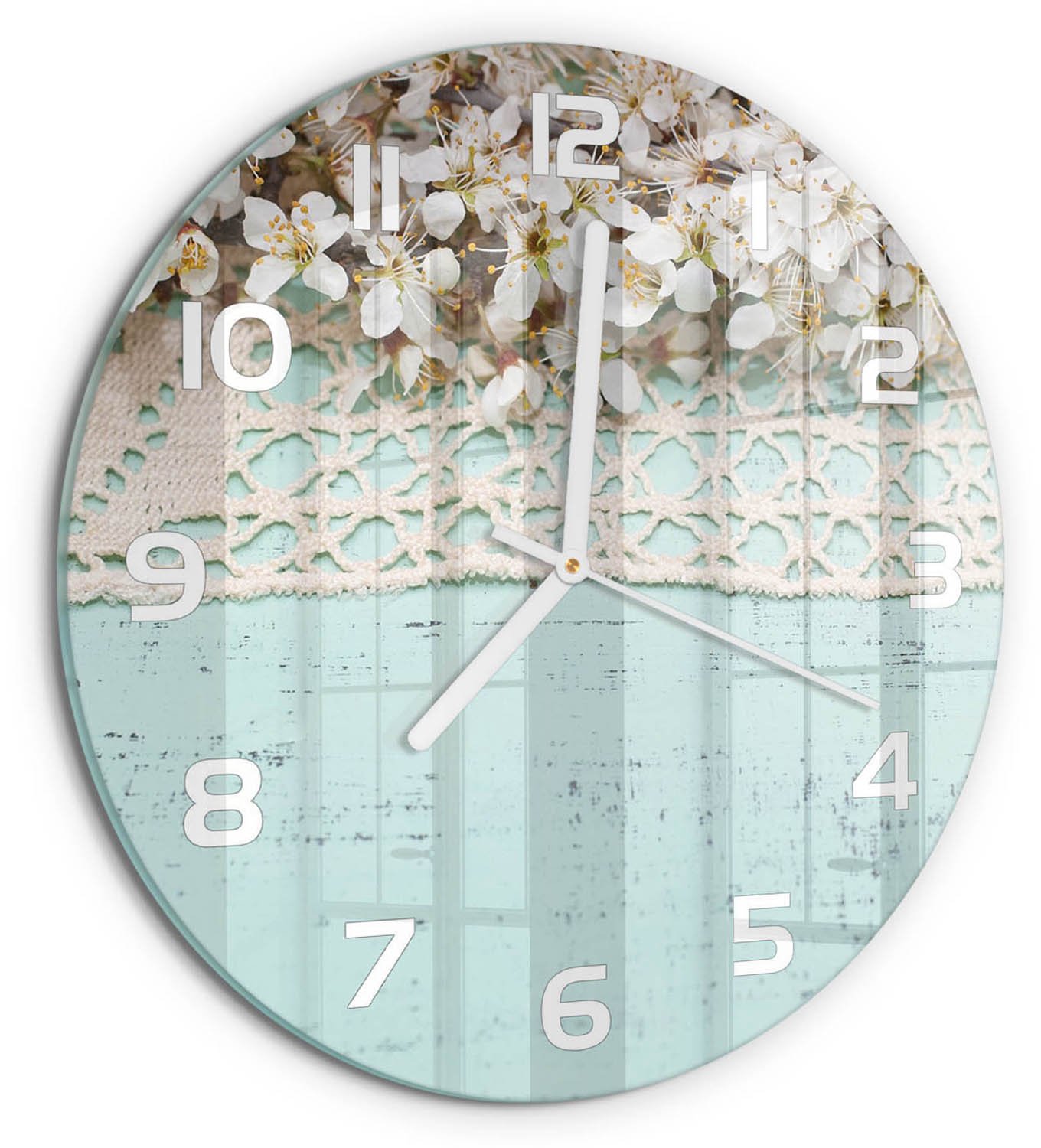 TULUP Wandklok - Kersenbloesem Glazen Klok Met Print - fi30 cm - Beige Wandklok Glas Met Motief - Witte handen - Ronde Klok - Wandklok Glas Decoratie - Gekleurde Glazen Klok