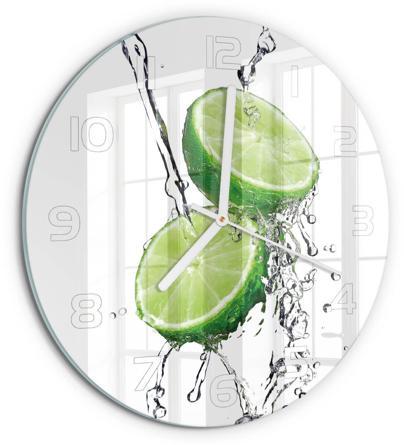 TULUP Wandklok - Kalk en water Klok Glas Met Opdruk - fi30 cm - Groente Moderne Wandklok Glas - Witte handen - Ronde Klok - Decoratieve Glazen Klok - Glazen Wandklok Design