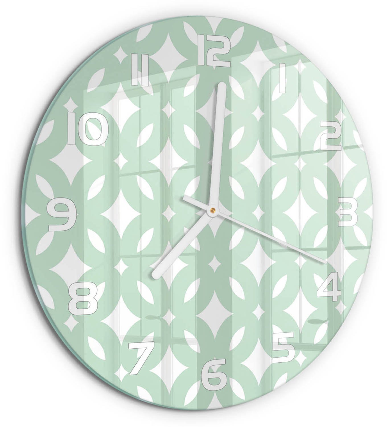 TULUP Wandklok - Geometrische achtergrond Wandklok Glas Met Motief - fi30 cm - Groente Decoratieve Glazen Klok - Witte handen - Ronde Klok - Gekleurde Glazen Klok - Glazen Klok Met Print