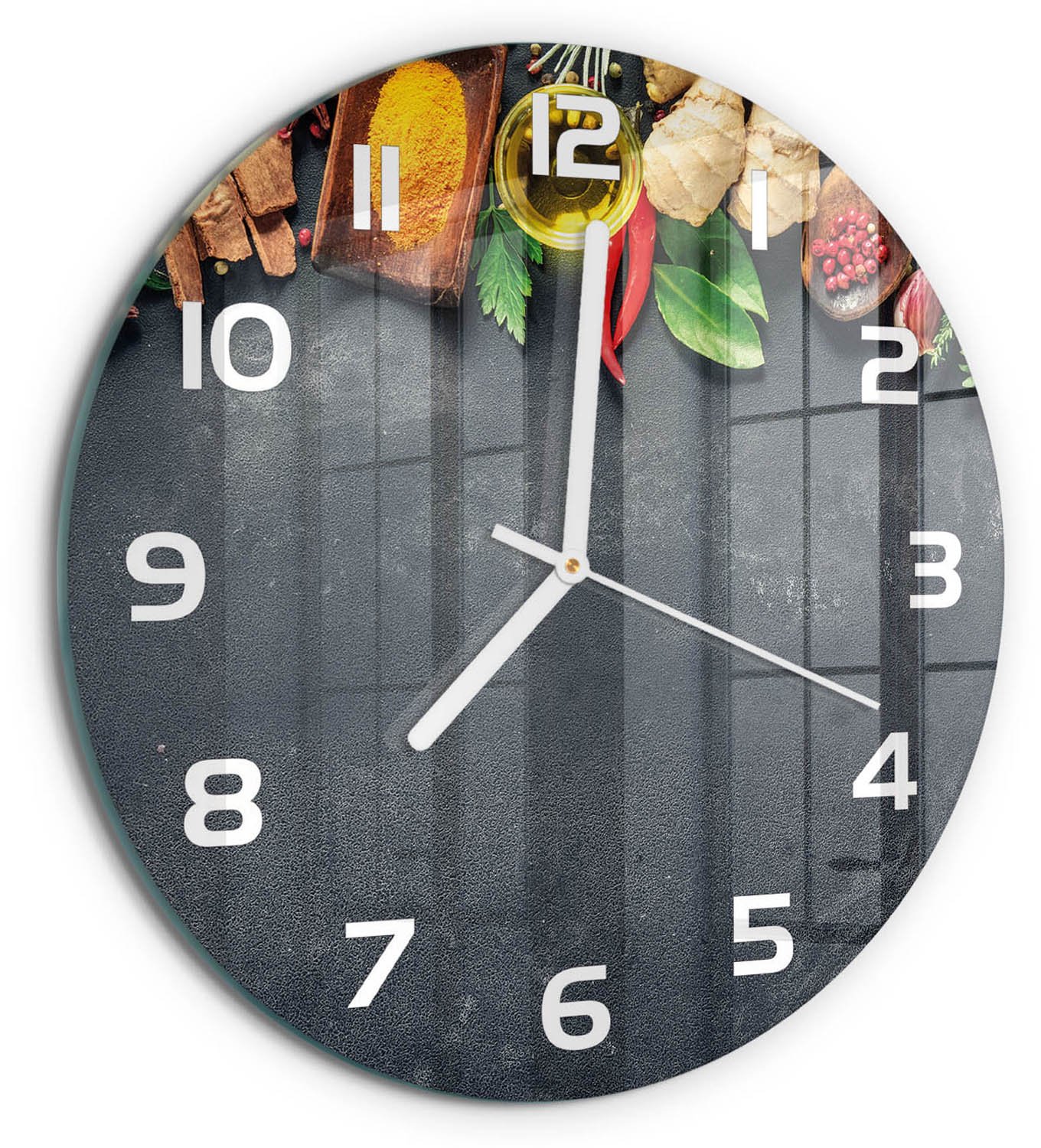 TULUP Wandklok - Kruiden en specerijen Glazen Wandklok Design - fi30 cm - Veelkleurig Klok Glas Met Opdruk - Witte handen - Ronde Klok - Wandklok Glas Met Motief - Decoratieve Glazen Klok