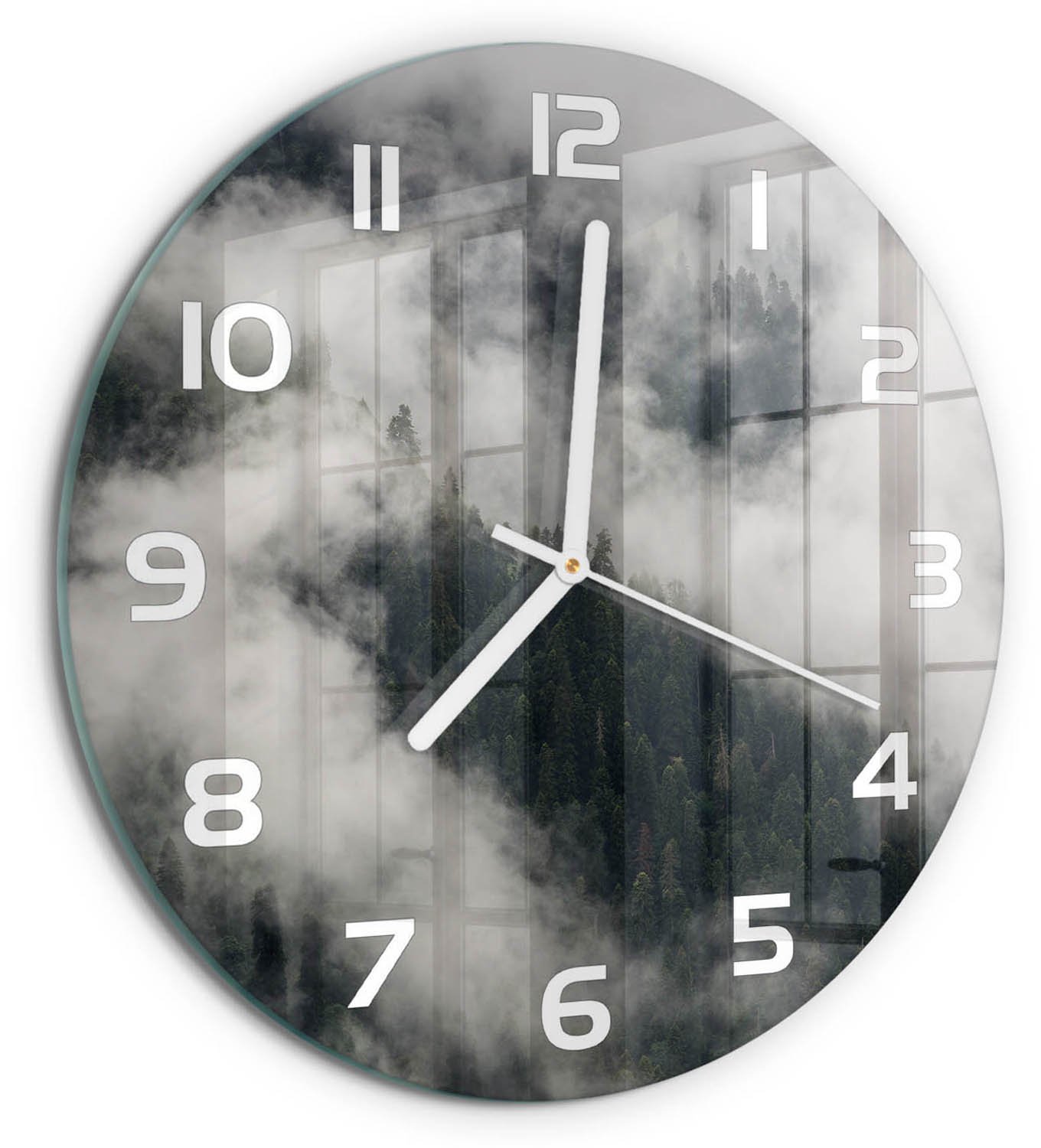 TULUP Wandklok - Mist boven het bos Glazen Wandklok Design - fi30 cm - Grijs Klok Glas Met Opdruk - Witte handen - Ronde Klok - Wandklok Glas Met Motief - Decoratieve Glazen Klok